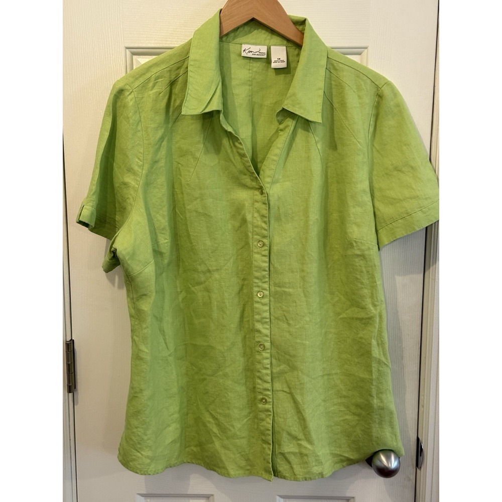 Vintage Kim Rogers 100% Linen Lime Green Button Up Women's Size 1x Summer Resort